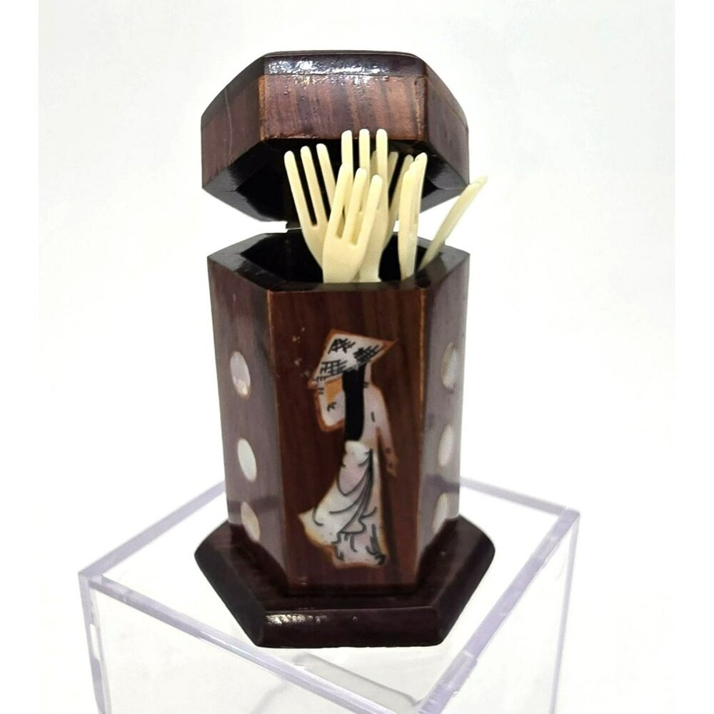 Wooden Toothpick Holder With Mother Of Pearl Inlay & 6 Plastic Fork Picks JE263